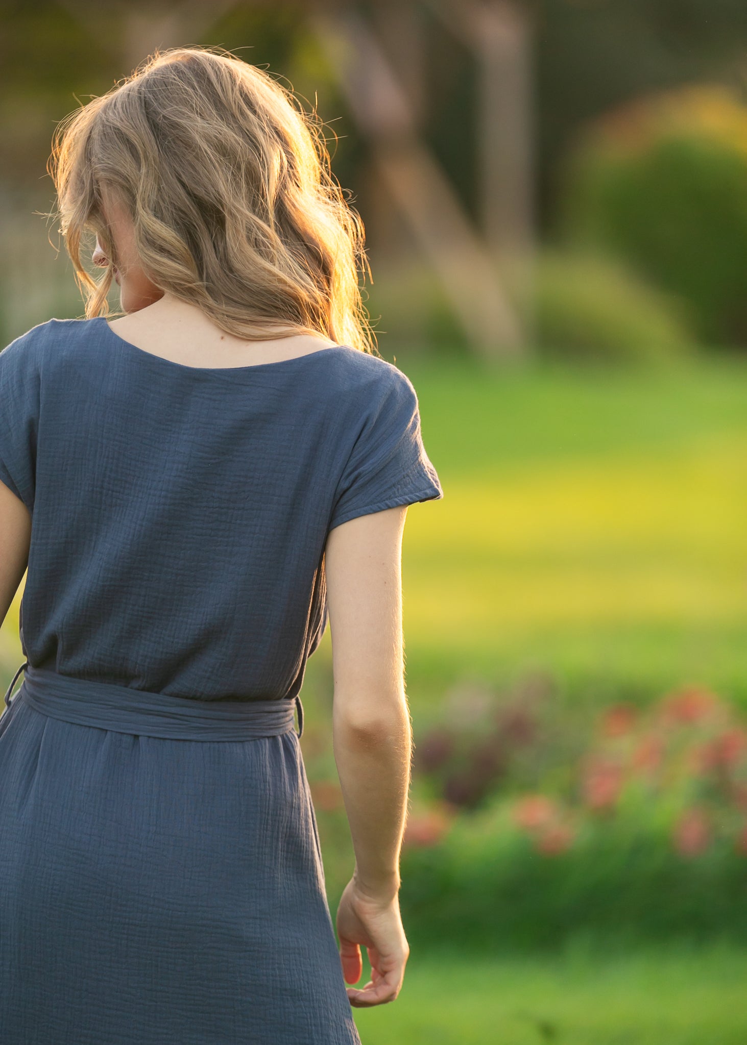 Lily dusty-navy midi dress with boat neck and pockets