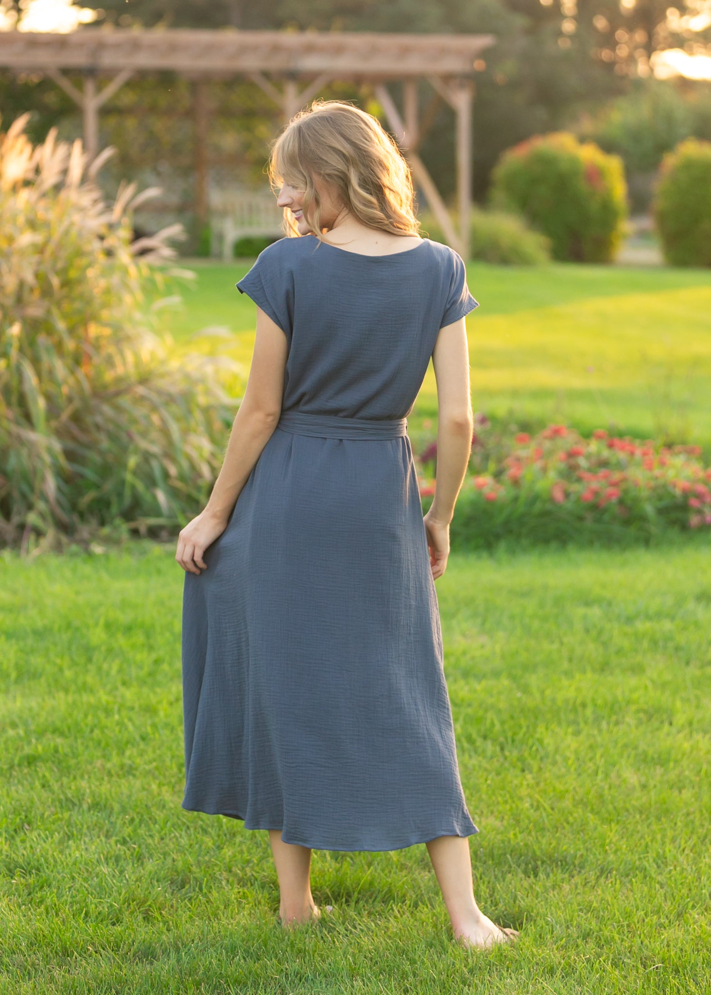 Lily dusty-navy belted midi dress with side pockets