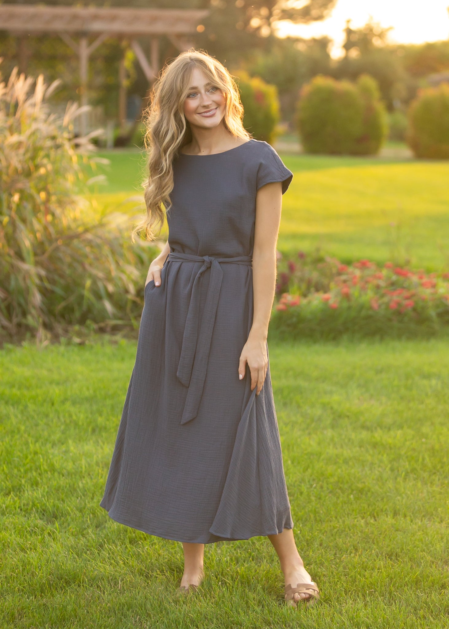 Lily dusty-navy cotton gauze belted midi dress