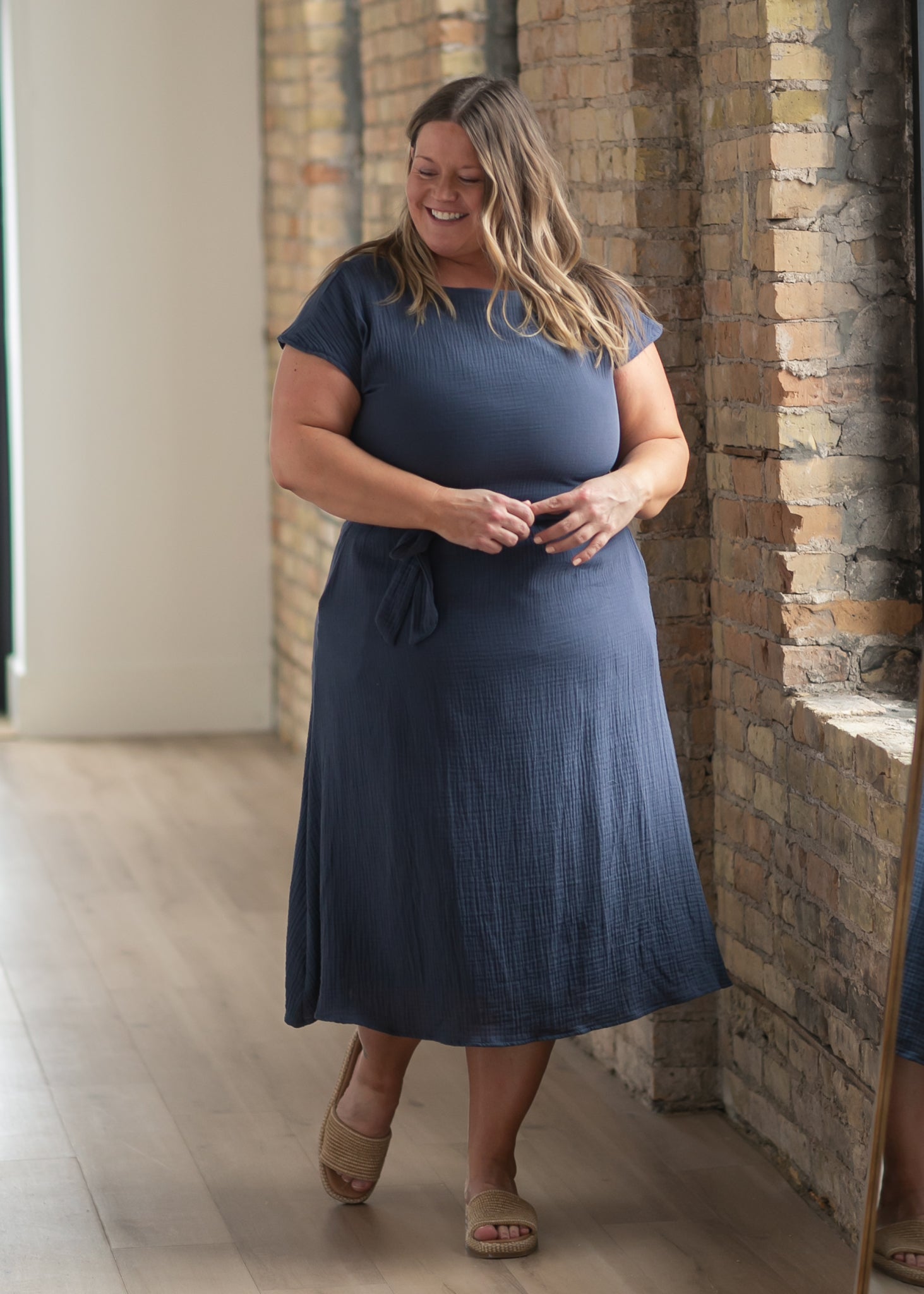 Lily navy midi dress with boat neckline and short sleeves