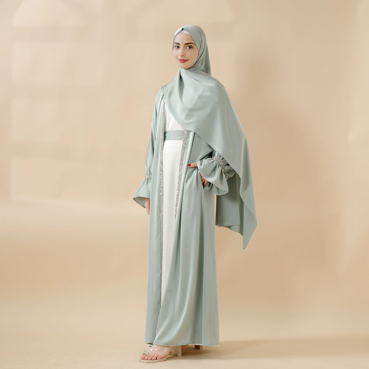Poet sleeve satin open abaya with matching belt and hijab