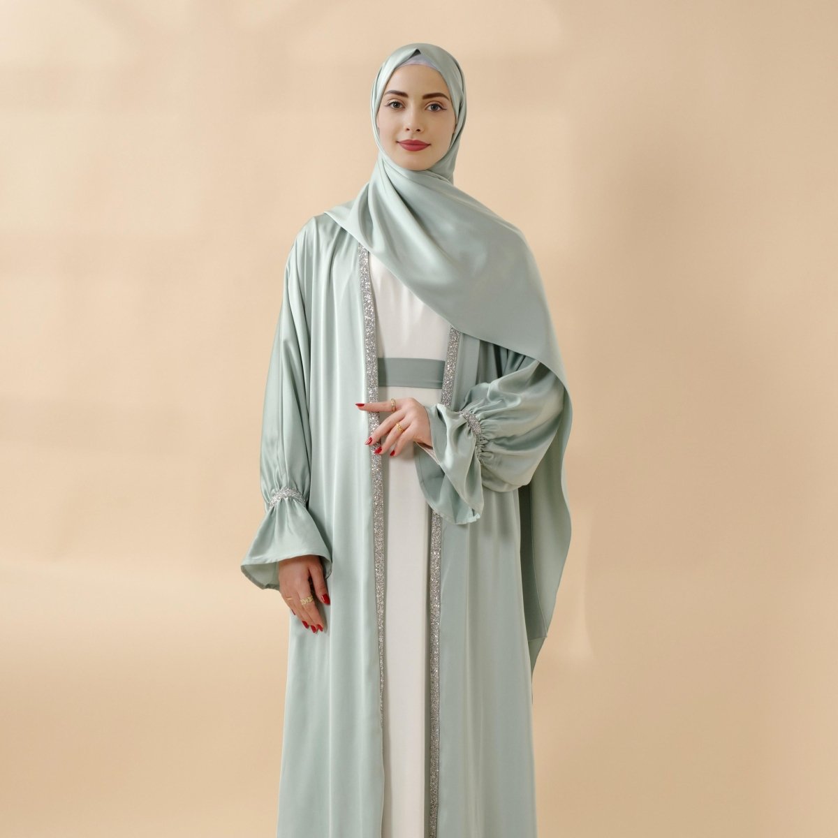 Poet sleeve satin open abaya image 2