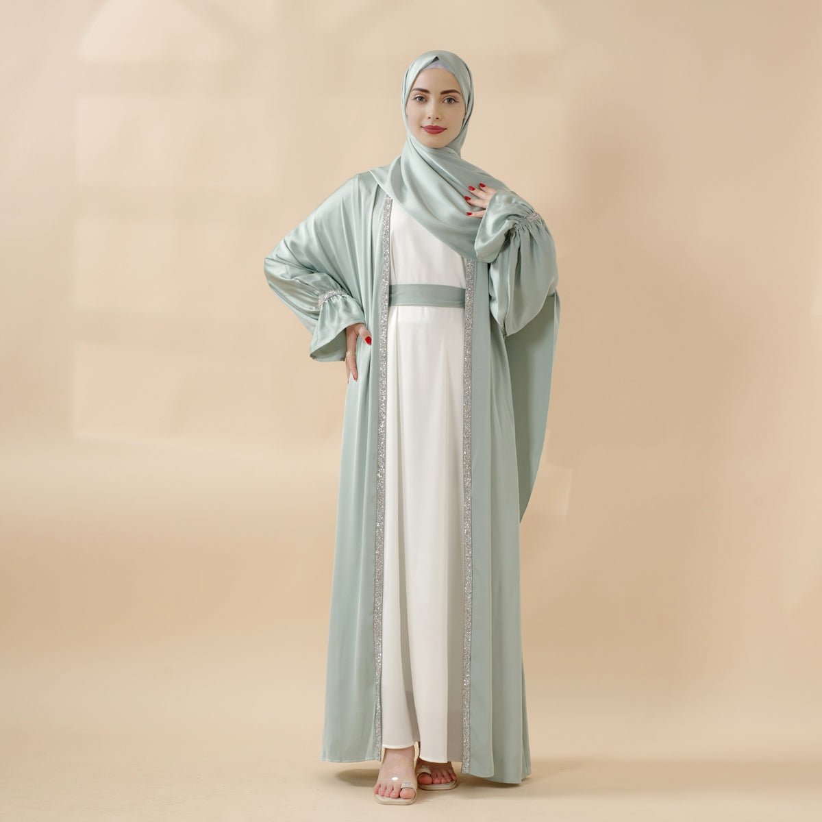 Poet sleeve satin open abaya image 3