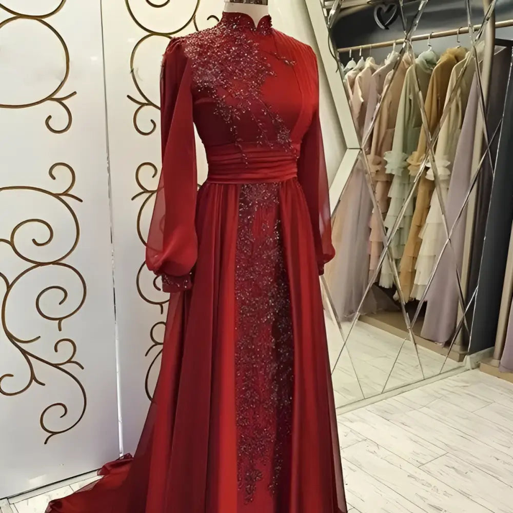 Red beaded high-neck gown with long sleeves