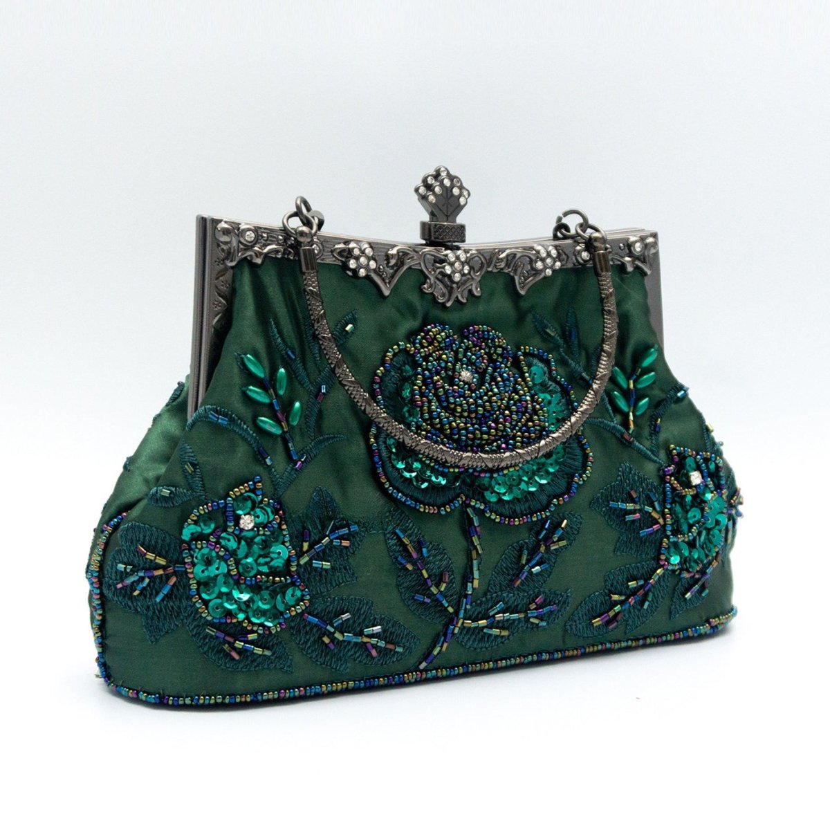 Rose embroidered rhinestone evening clutch with removable chain