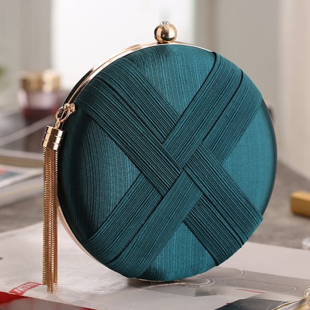 Round braided evening clutch with rhinestone embellishment
