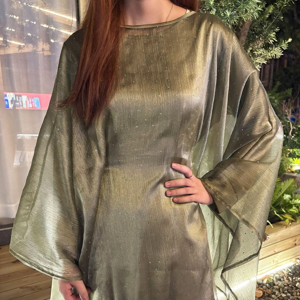 Olive sequin cape abaya dress image 11