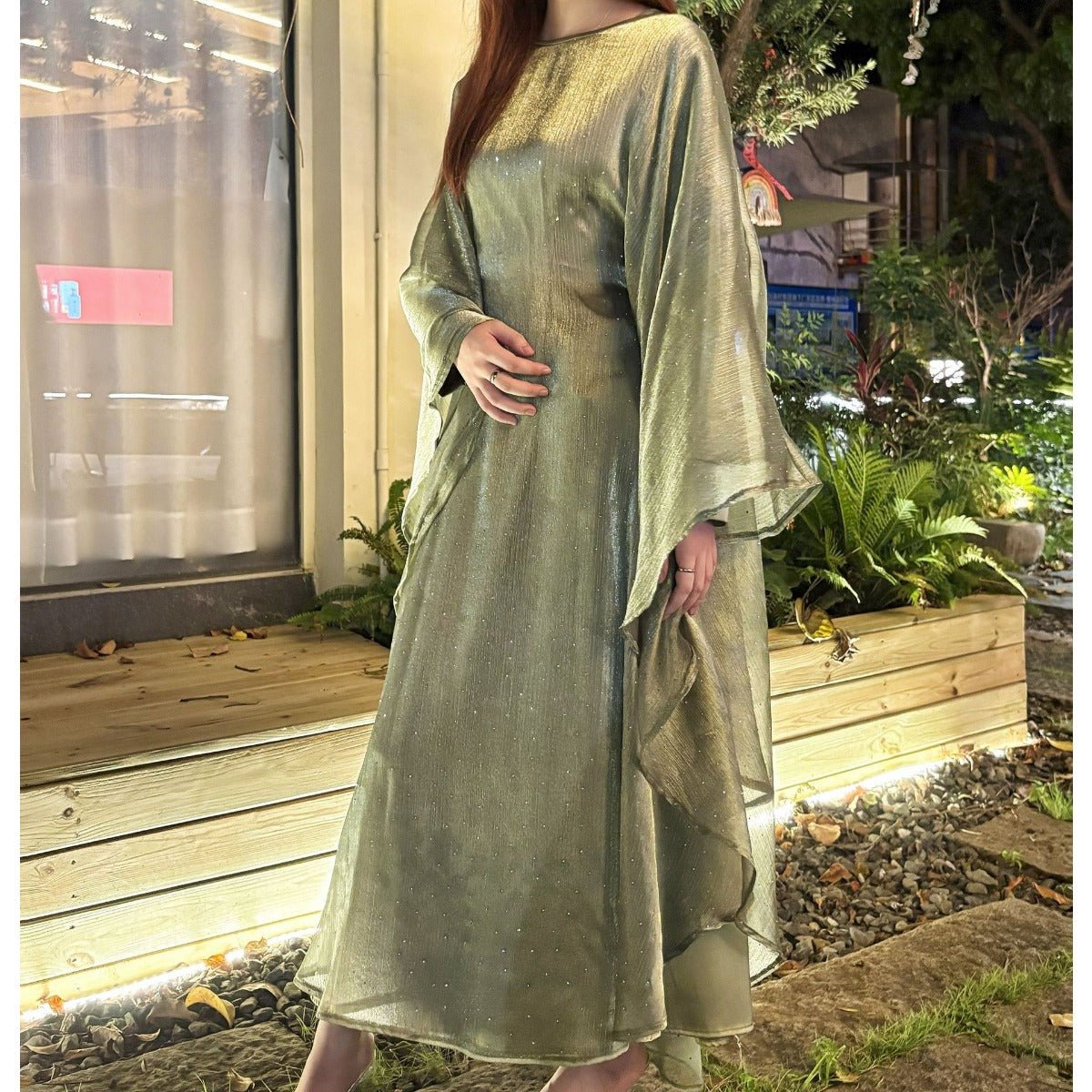 Olive sequin cape abaya dress image 5