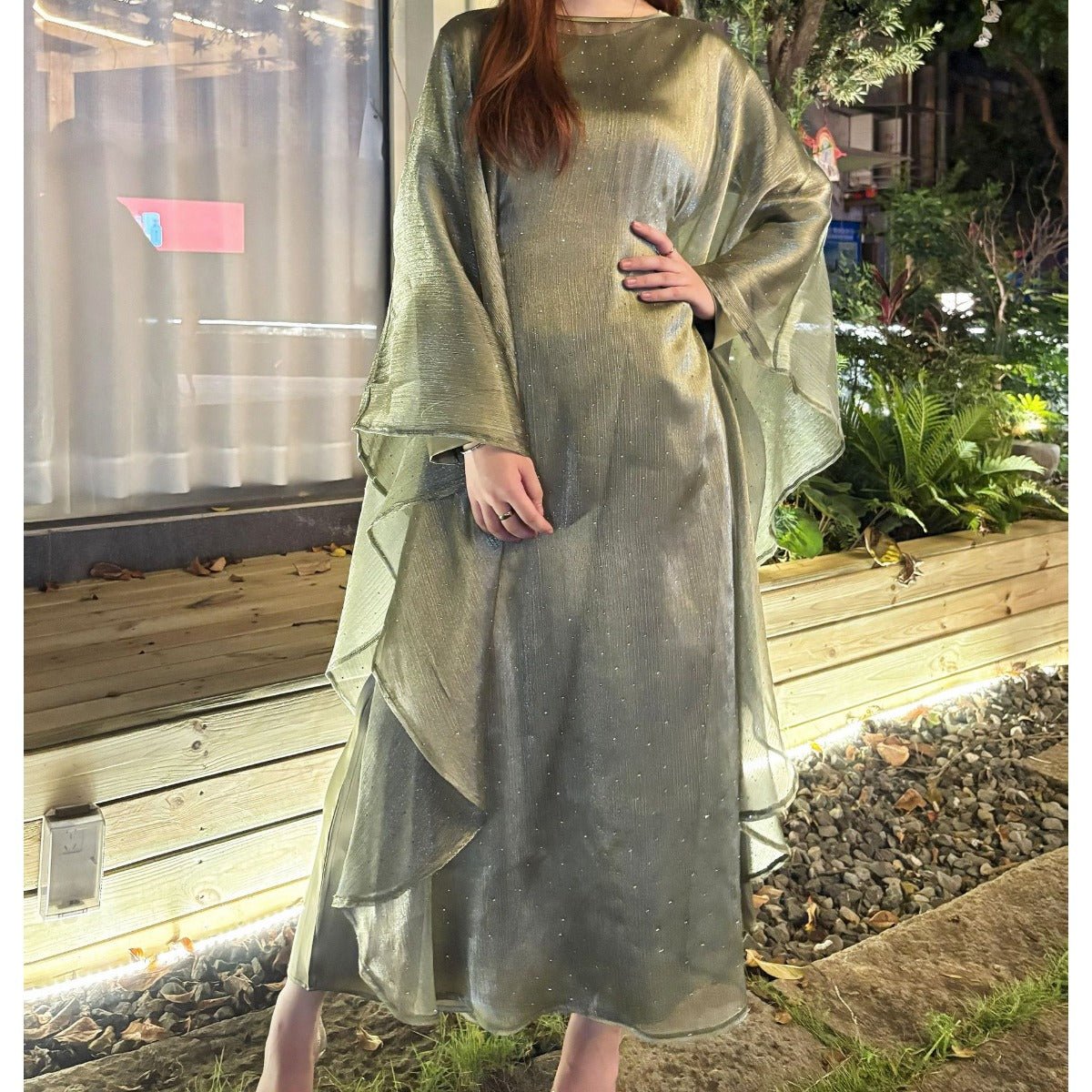 Olive sequin cape abaya dress image 3