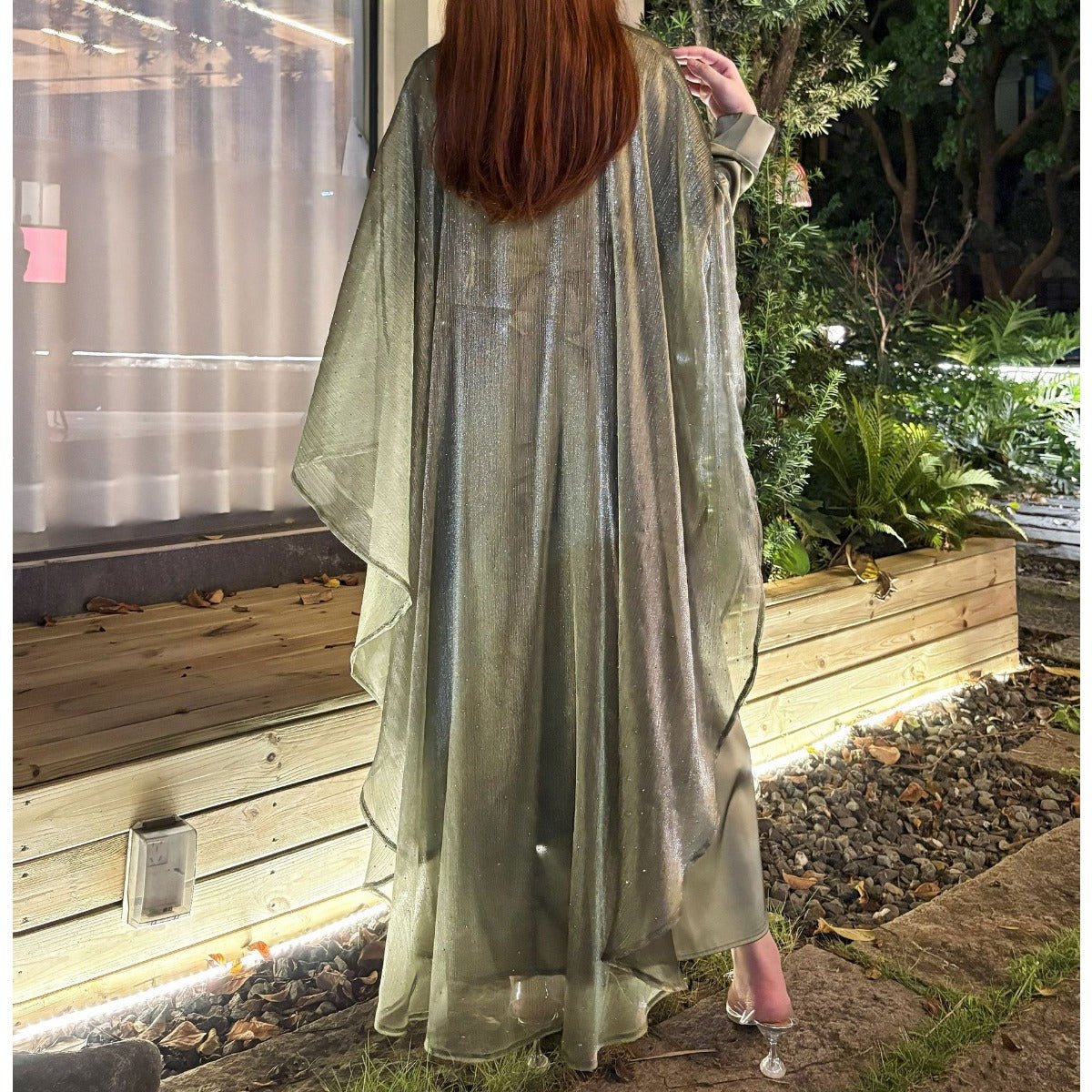 Olive sequin cape abaya dress image 4