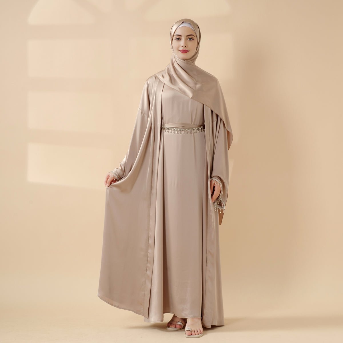 Diamond-tassel satin abaya set with inner dress and matching hijab