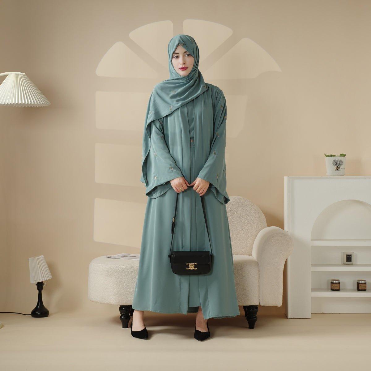 Tulip embroidered open abaya set with inner dress, belt and hijab