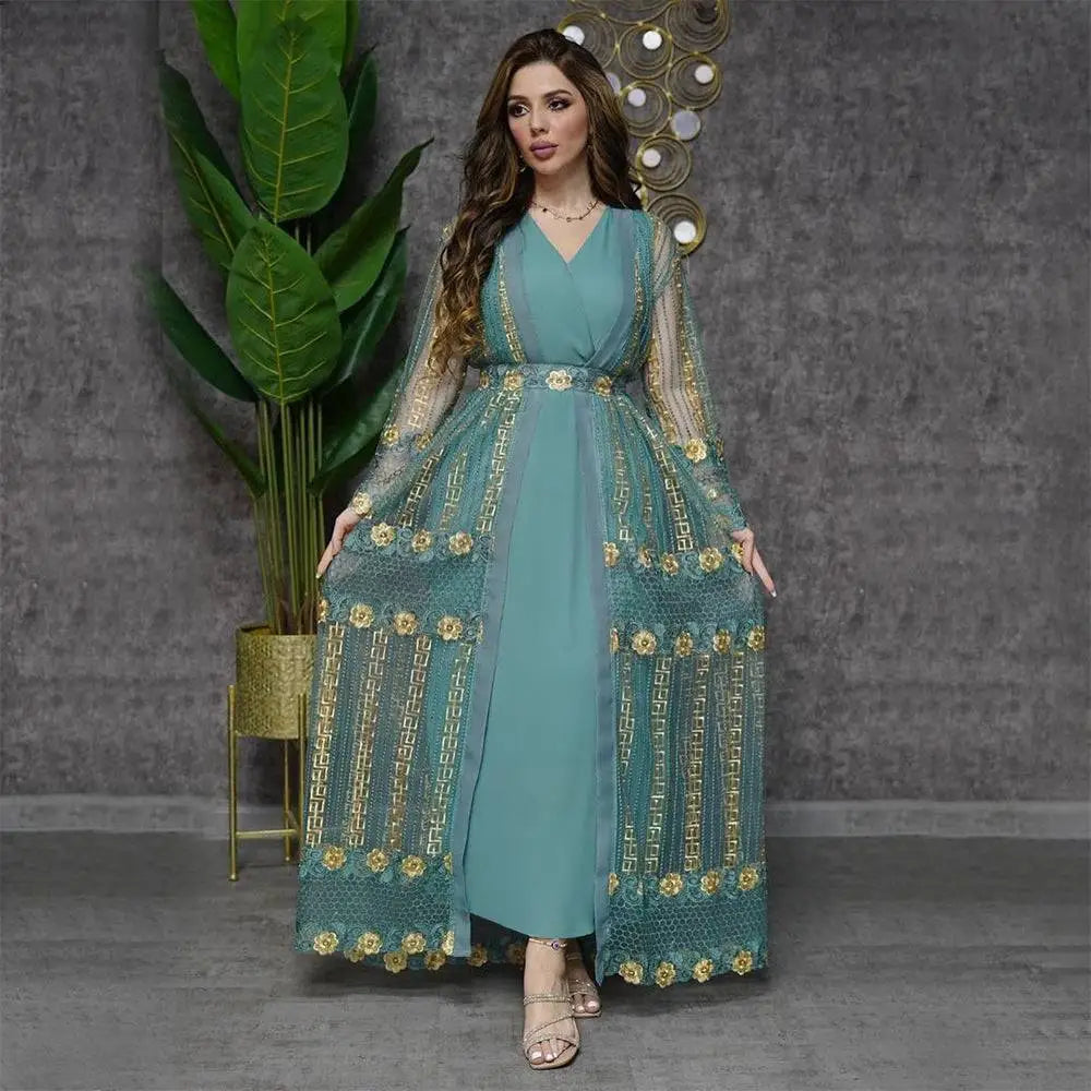 Gold-embroidered open abaya set view 1