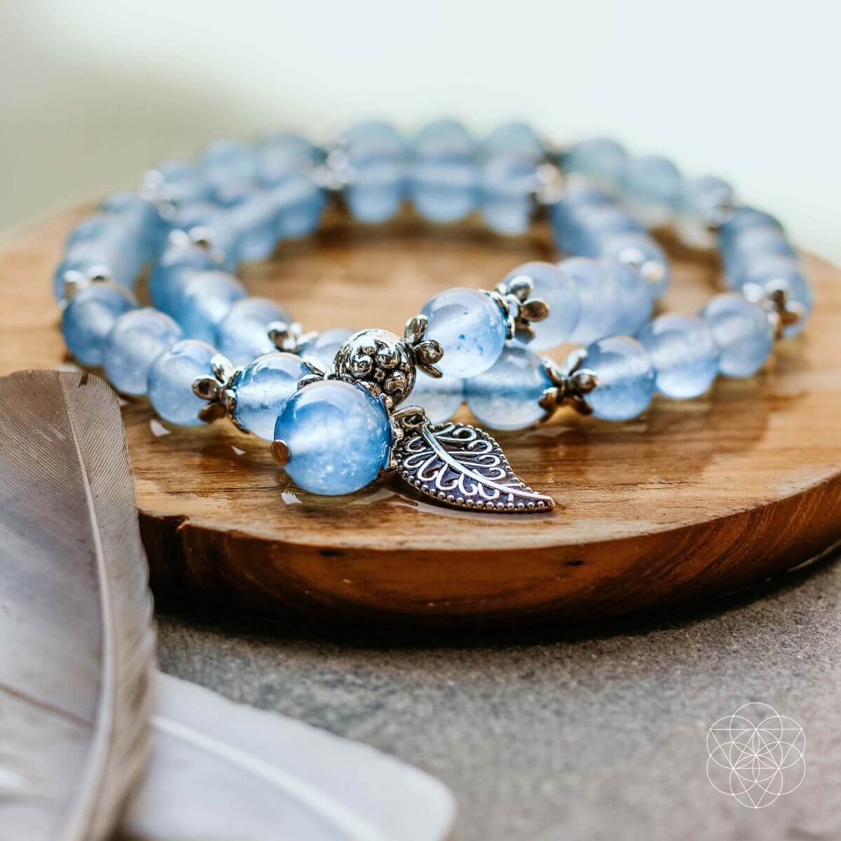 Blue chalcedony layered bracelet with silver-tone leaf charm