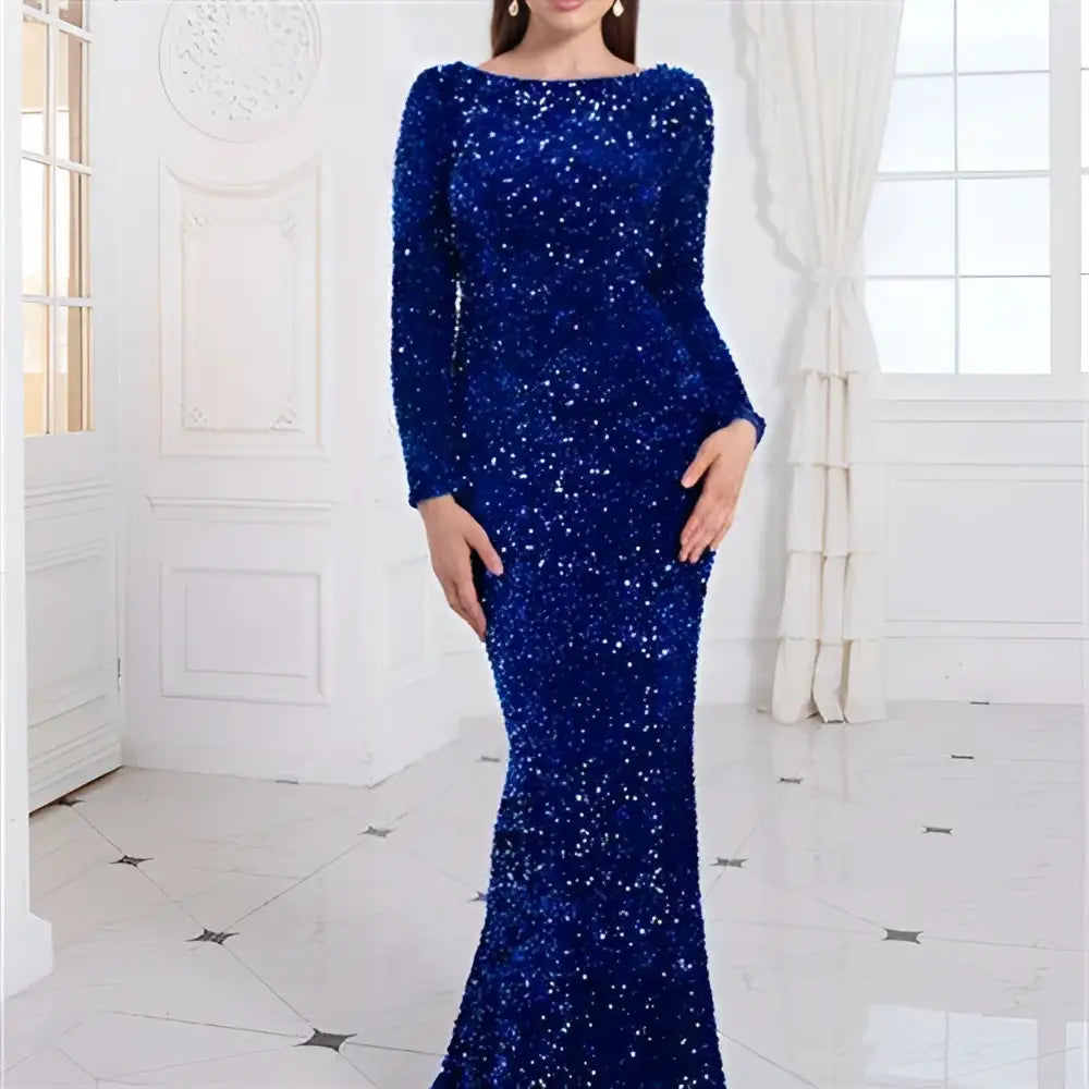 Sequin long-sleeve mermaid gown with covered neckline