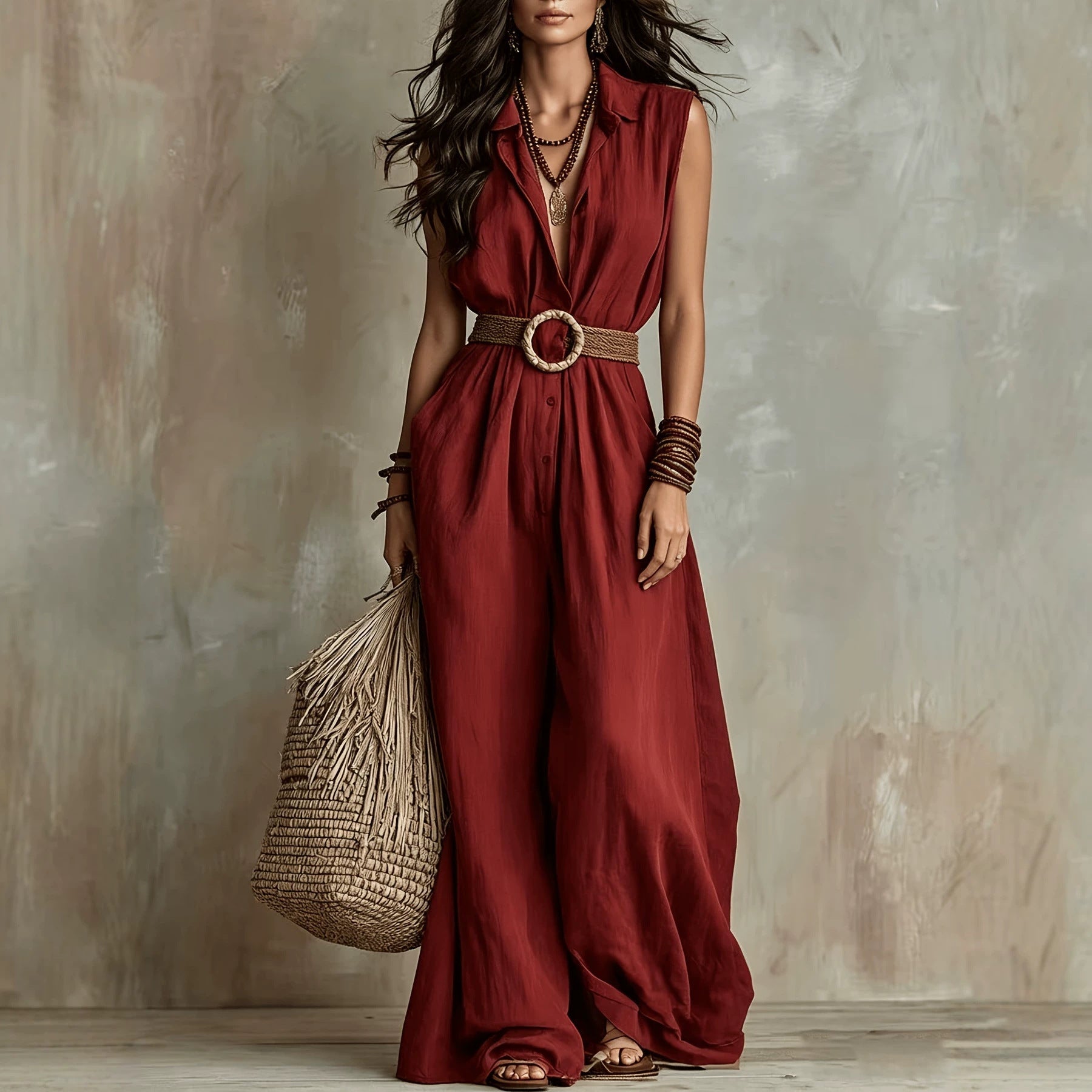 Red relaxed maxi jumpsuit, alternate front view