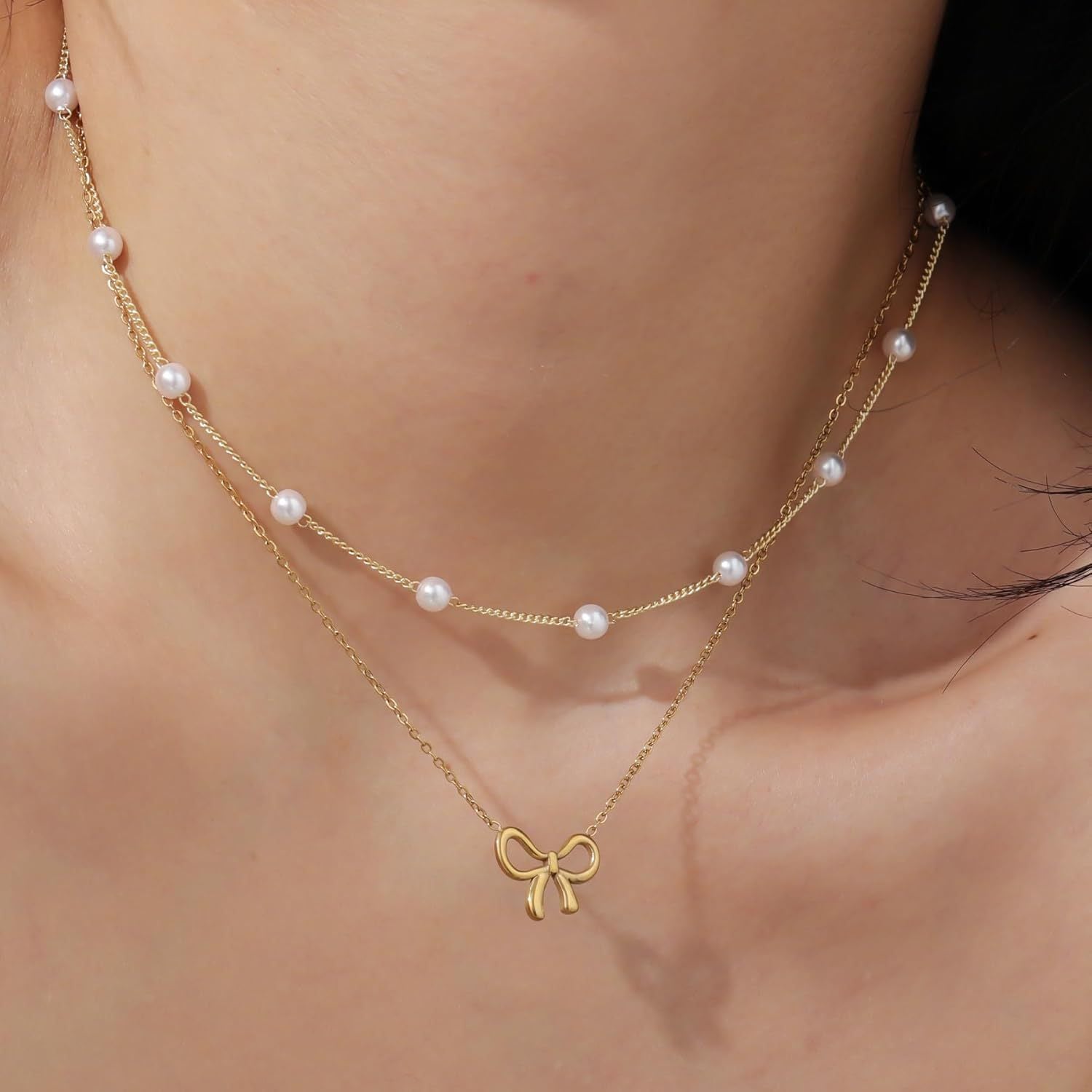Pearl Bow Layered Necklace — product view 2