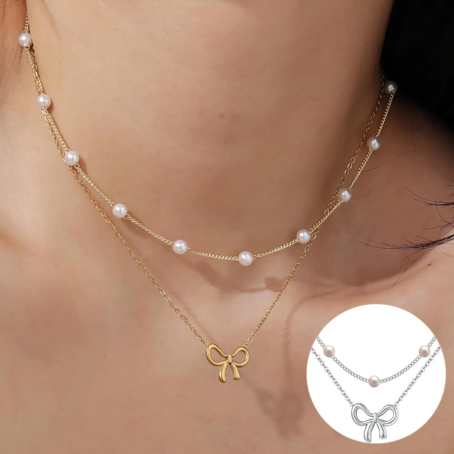 Pearl Bow Layered Necklace — product view 1
