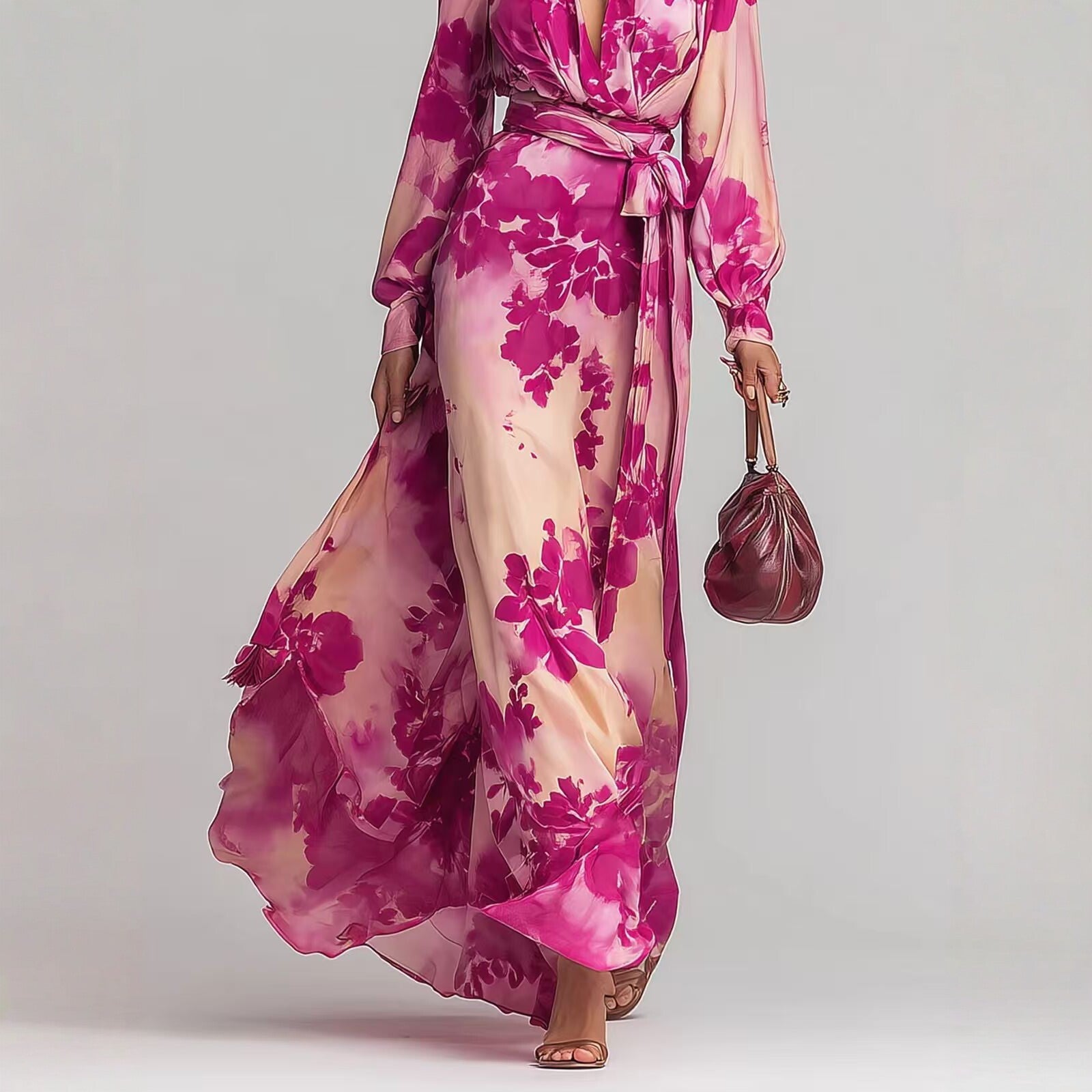 Printed chiffon long-sleeve maxi dress with V-neck tie detail