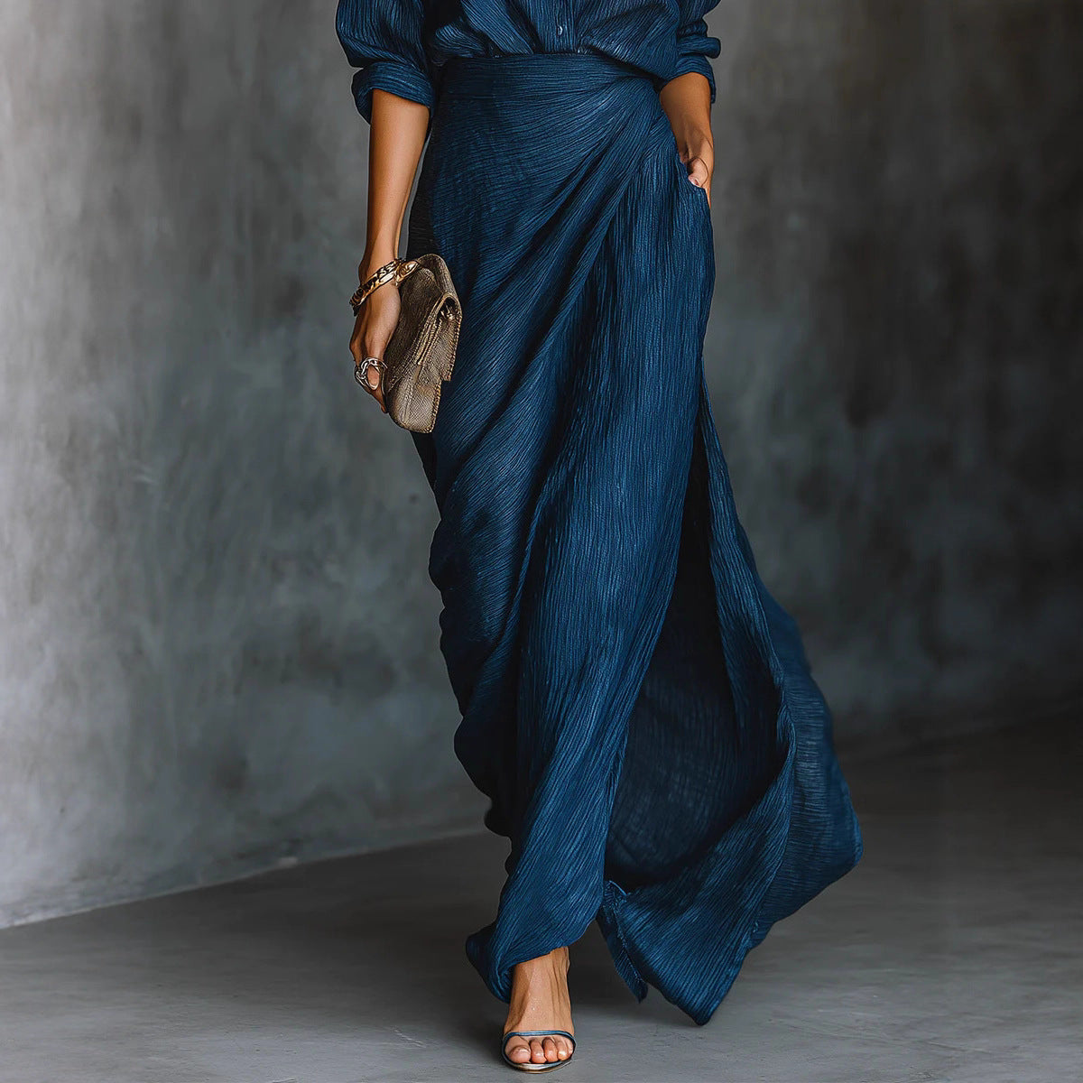 Blue pleated shirt and draped maxi skirt set