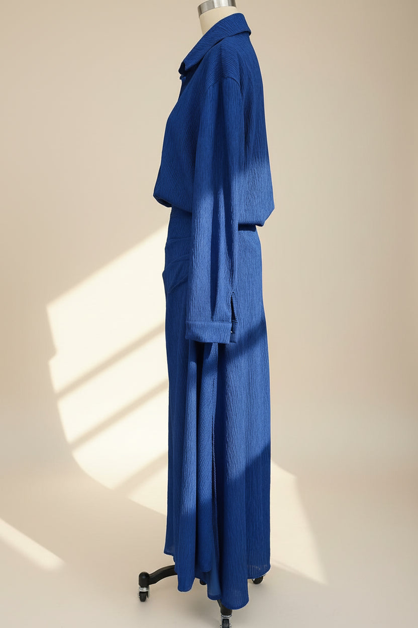 Blue pleated shirt and draped maxi skirt set, full-length view