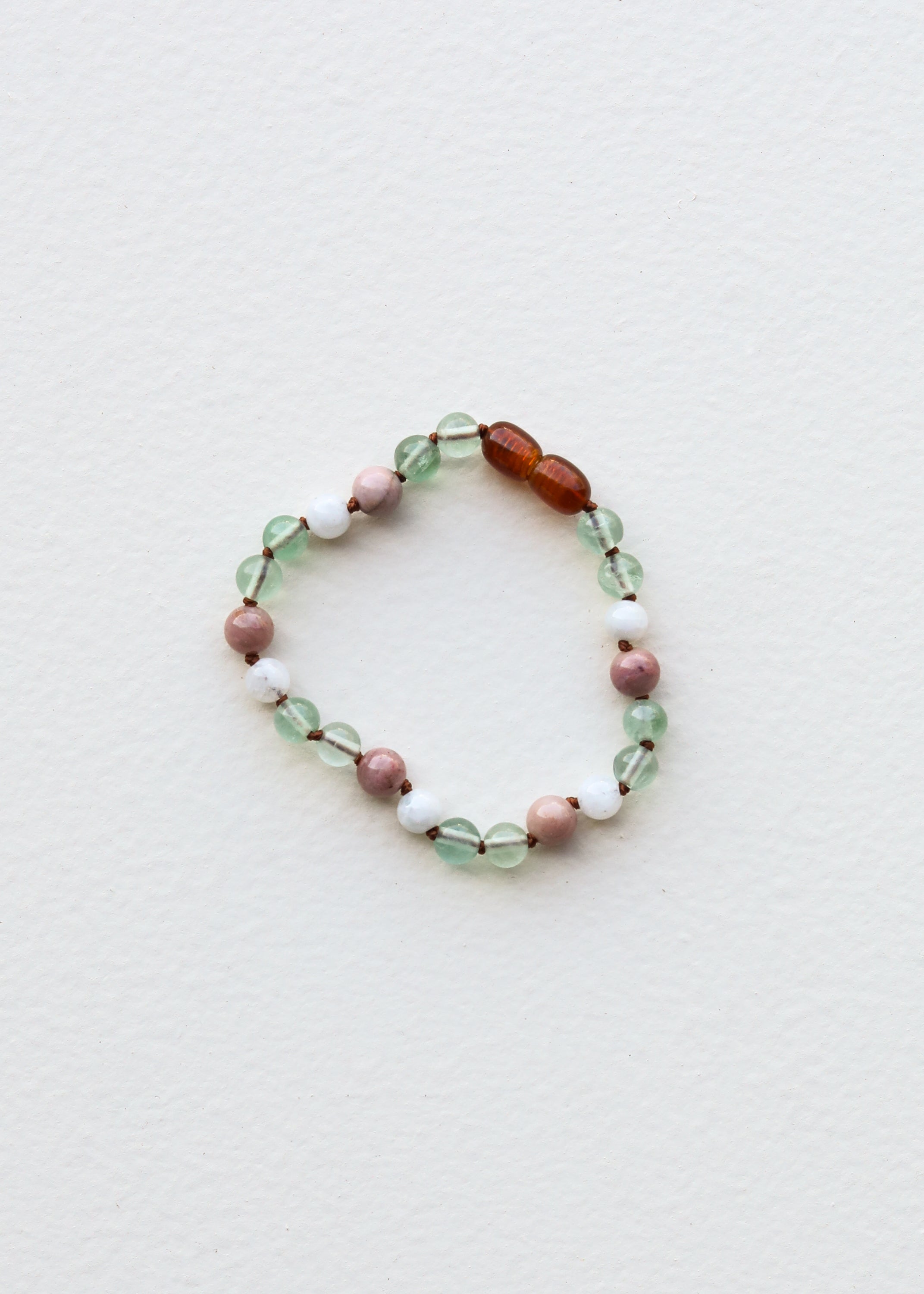 Fluorite, moonstone and rhodonite bracelet, alternate view