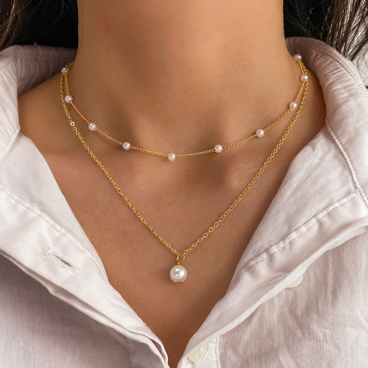 Layered Pearl Tassel Necklace — product view 1