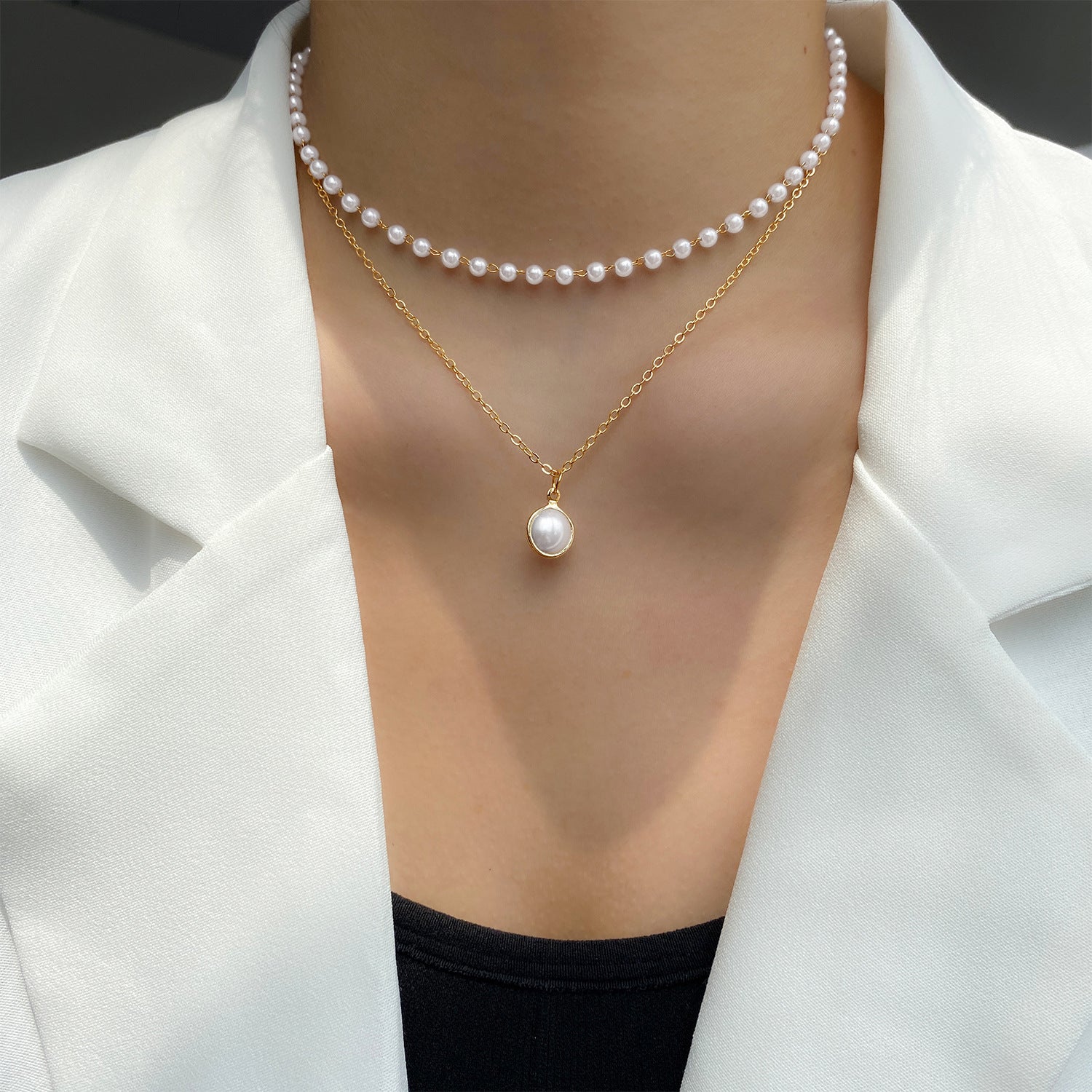 Layered Pearl Tassel Necklace — product view 2