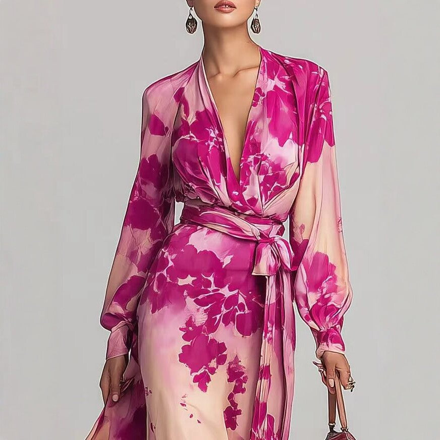 Floral print detail on women's chiffon tie-up maxi dress