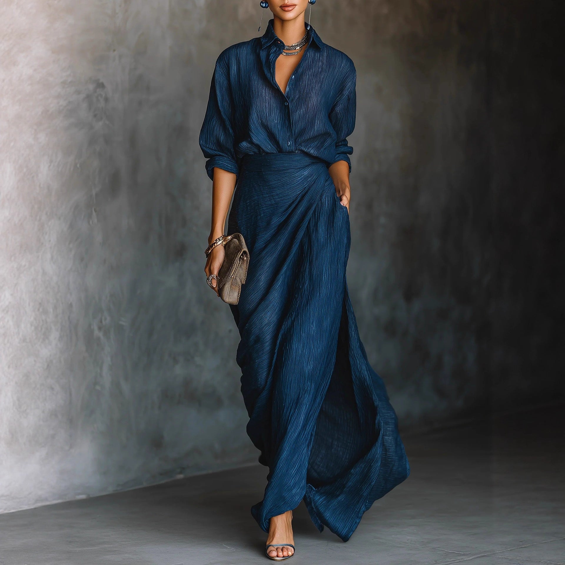Blue pleated shirt and draped maxi skirt set, alternate view