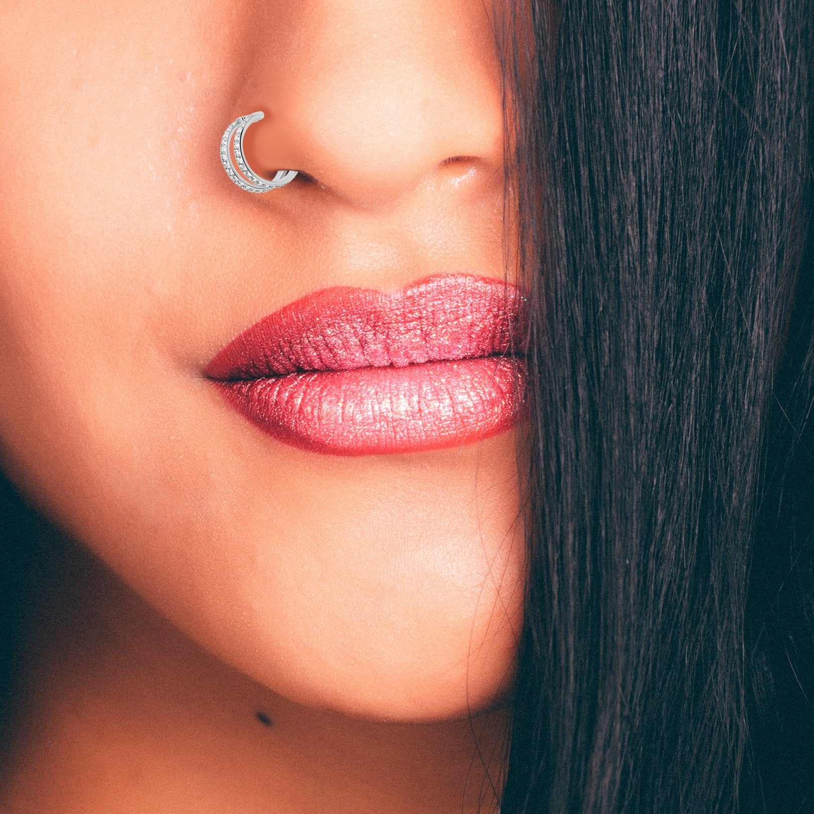 Silver 9 mm double-row crystal titanium nose hoop view 7