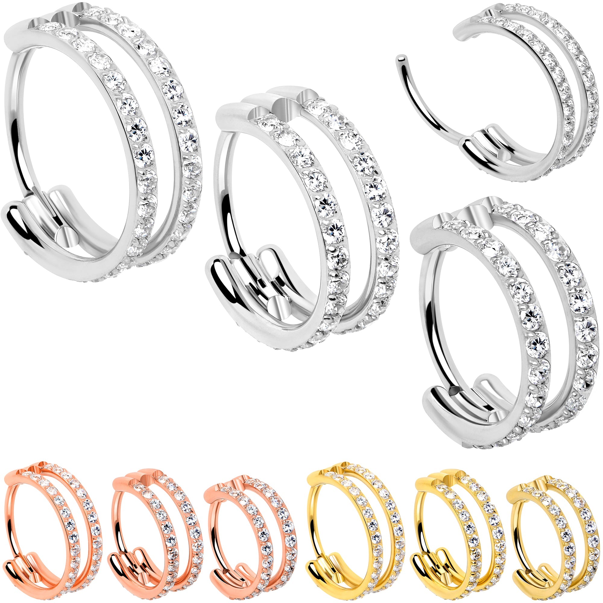 Double-row cubic zirconia titanium hinged nose hoop